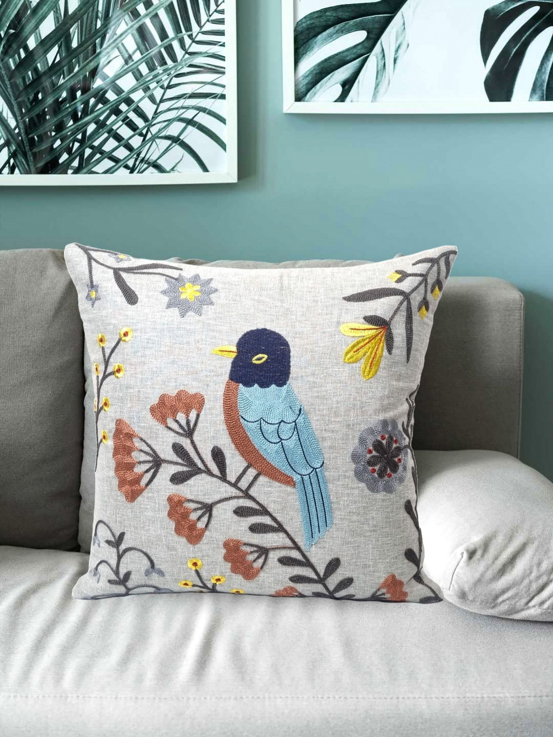 Vinayaka Fab Grey & Blue Embroidered Square Cotton Cushion Covers