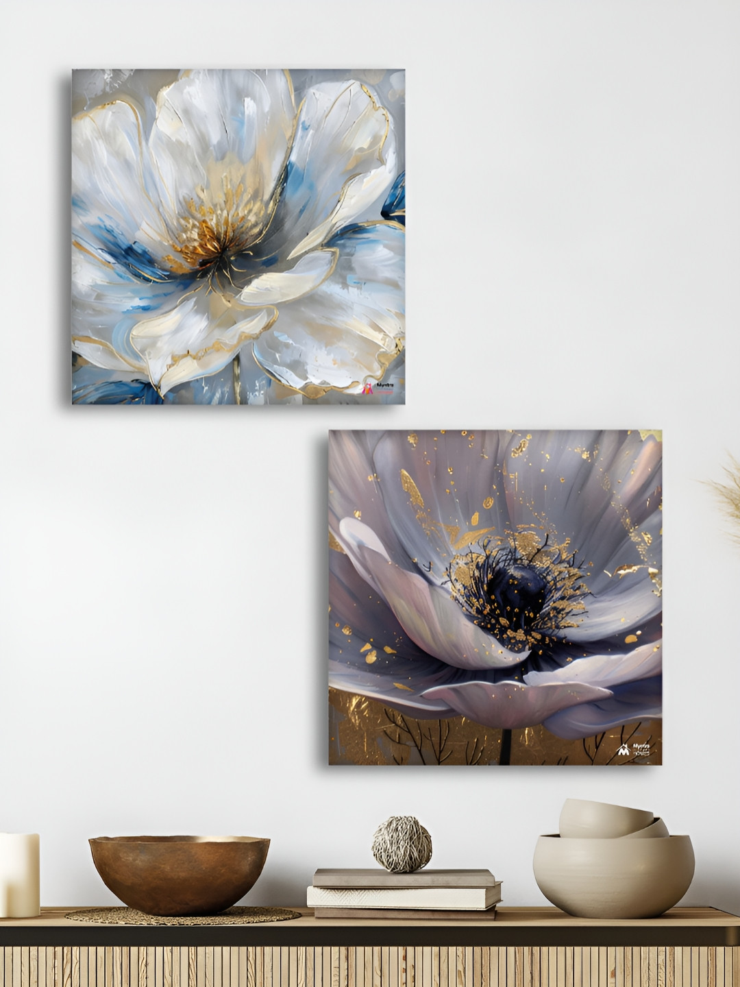 Myntra Elegant Homes Premium Painting Off White & Blue 2 Pieces Floral Canvas Wall Arts