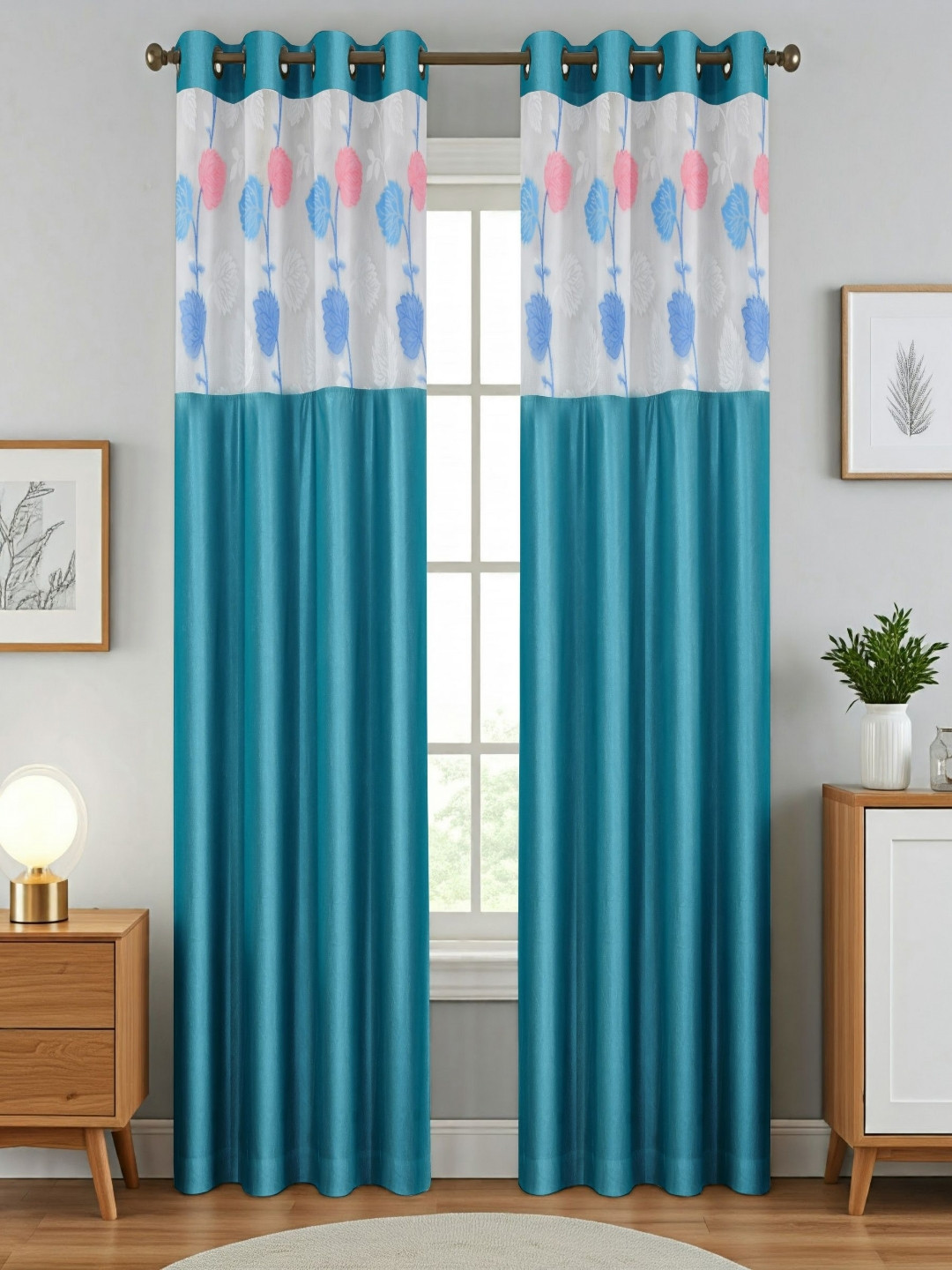 Aura Turquoise Blue And White 2 Pieces Floral Printed Sheer Long Door Curtains