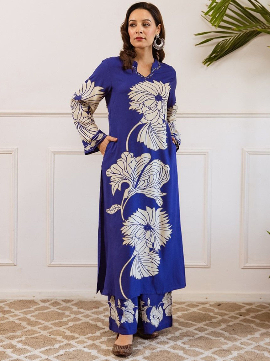 AUTUMN LANE Bakul Spruce Floral Printed Mandarin Collar Pure Cotton Kurta With Palazzos