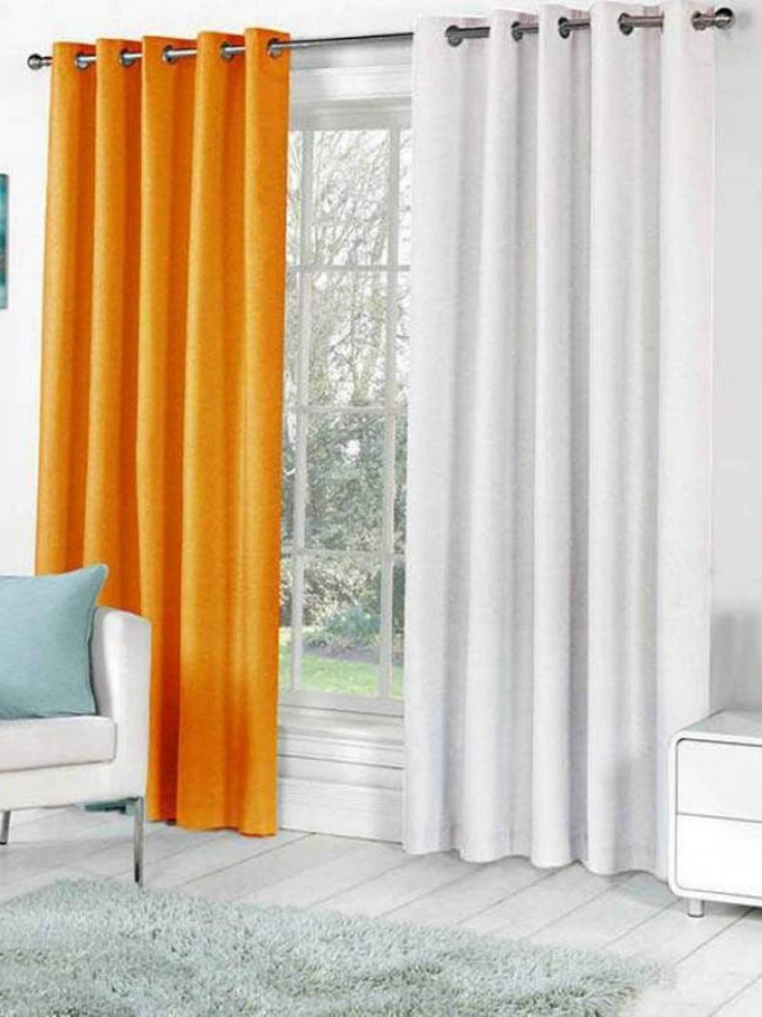 BELLA TRUE White & Orange 2 Pieces Eyelet Fitted Long Door Curtains
