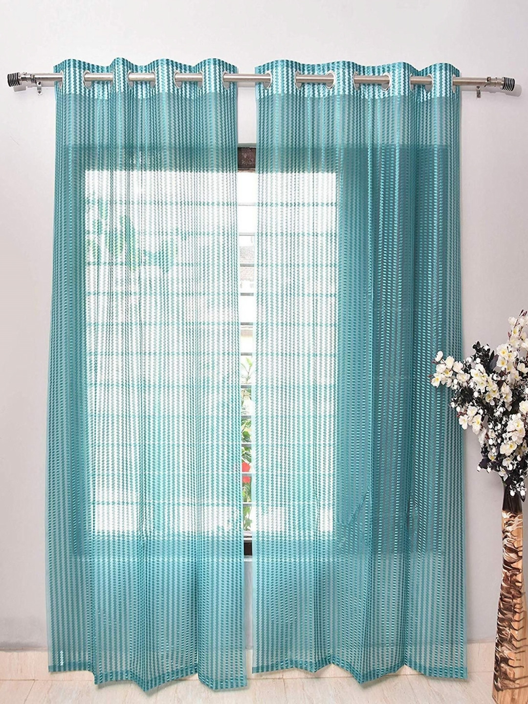 BELLA TRUE Blue 2 Pieces Ripple Fold Striped Sheer Window Curtains