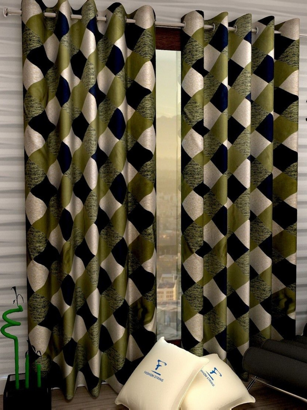 BELLA TRUE Green & Cream 2 Pieces Geometric Printed Eyelet Fitted Door Curtains