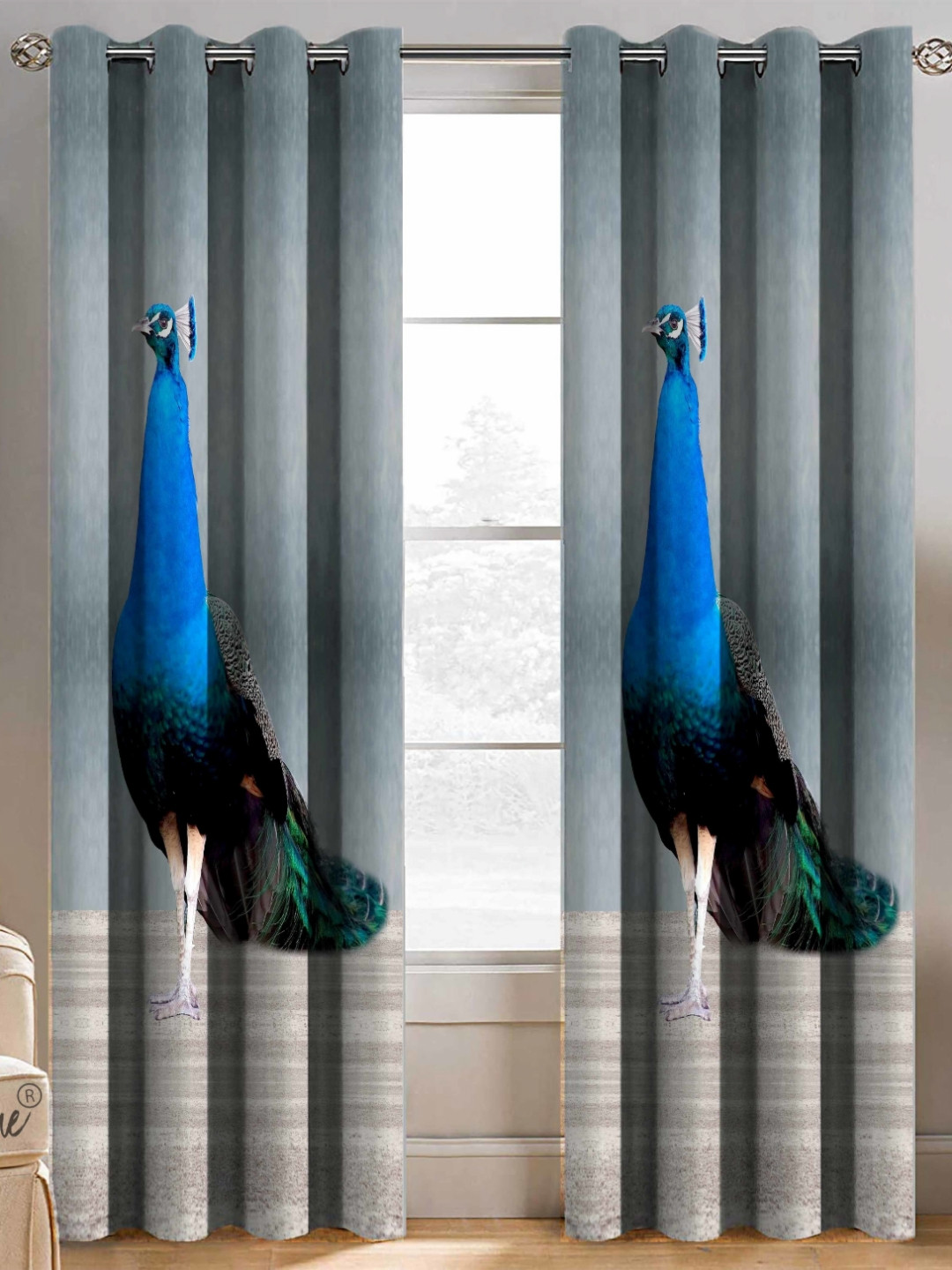 BELLA TRUE Grey & Blue 2 Pieces Black Out Window Curtains