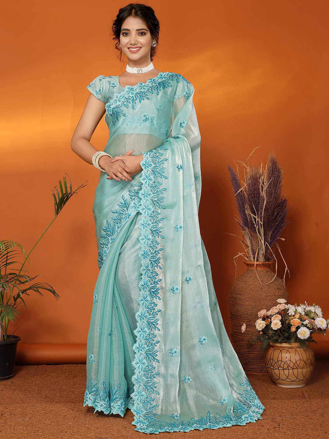 NEGRONI Floral Embroidered Tissue Saree With an unstitched blouse piece