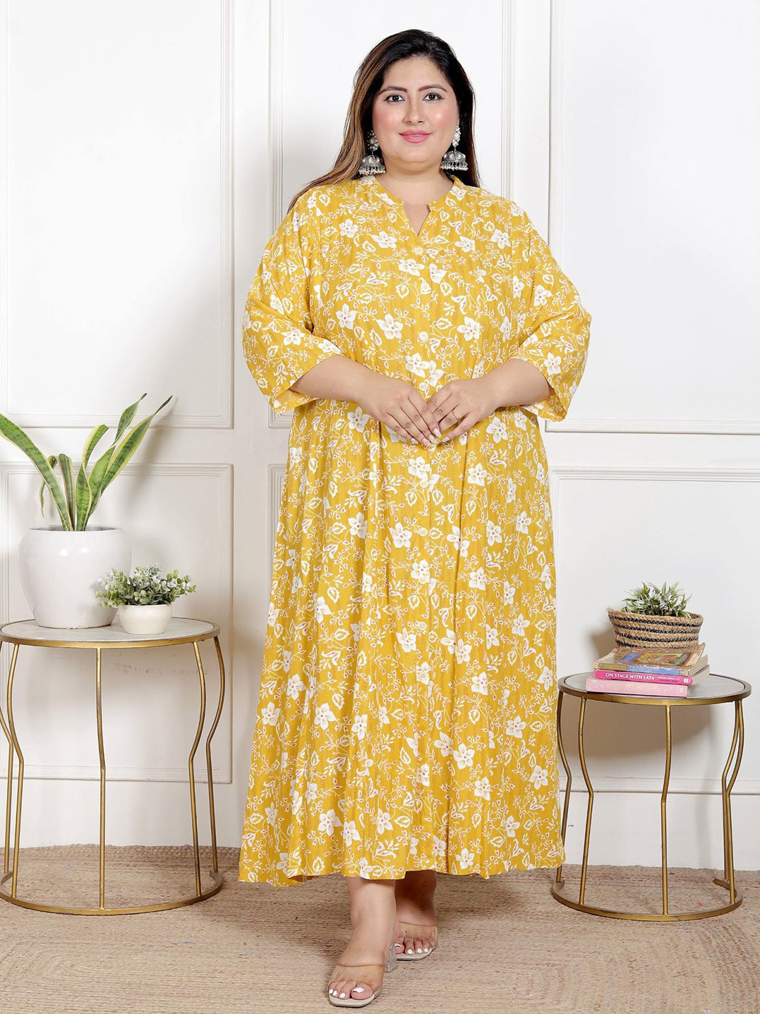 KALINI Women Floral Print Mandarin Collar Gown Maxi Dress