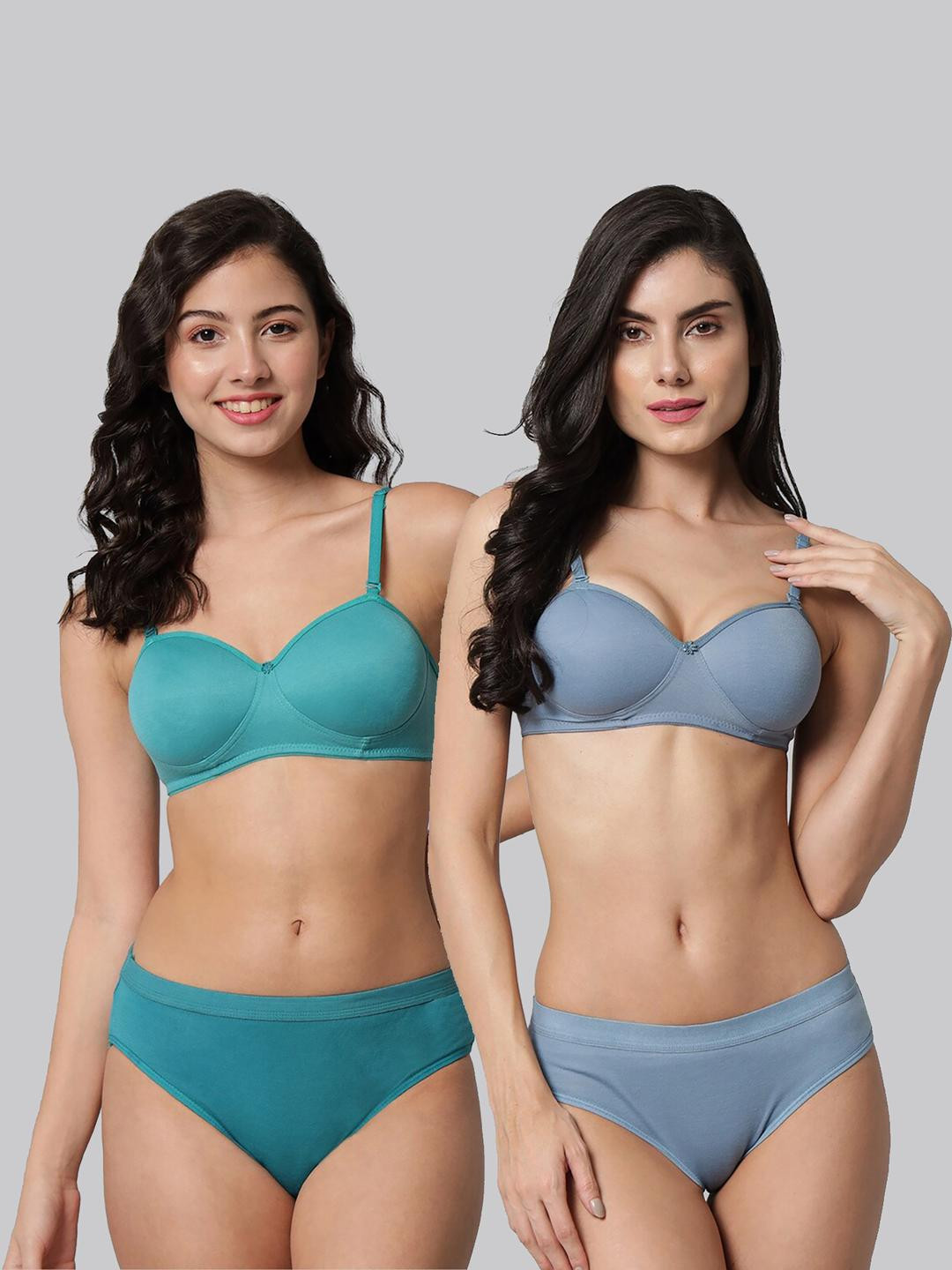 Women Blue,Light Blue Cotton Bra Panty Set for Lingerie Set Undergarments Pack of 2