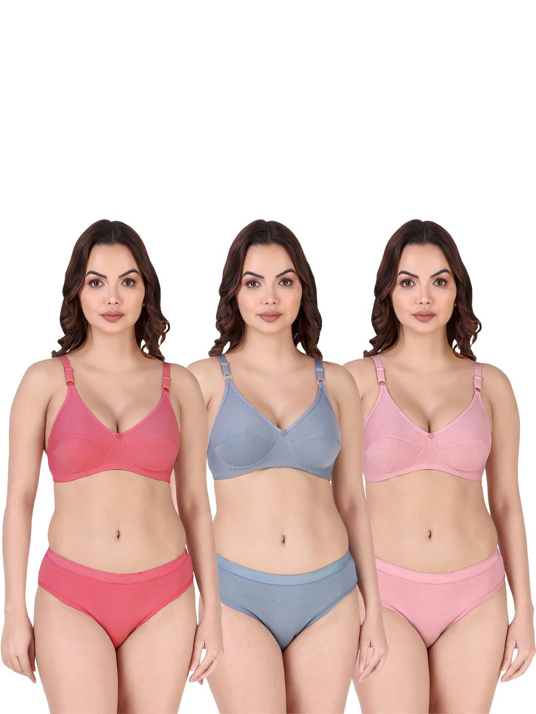 Women Red,Blue,Pink Cotton Bra Panty Set for Lingerie Set Undergarments Pack of 3