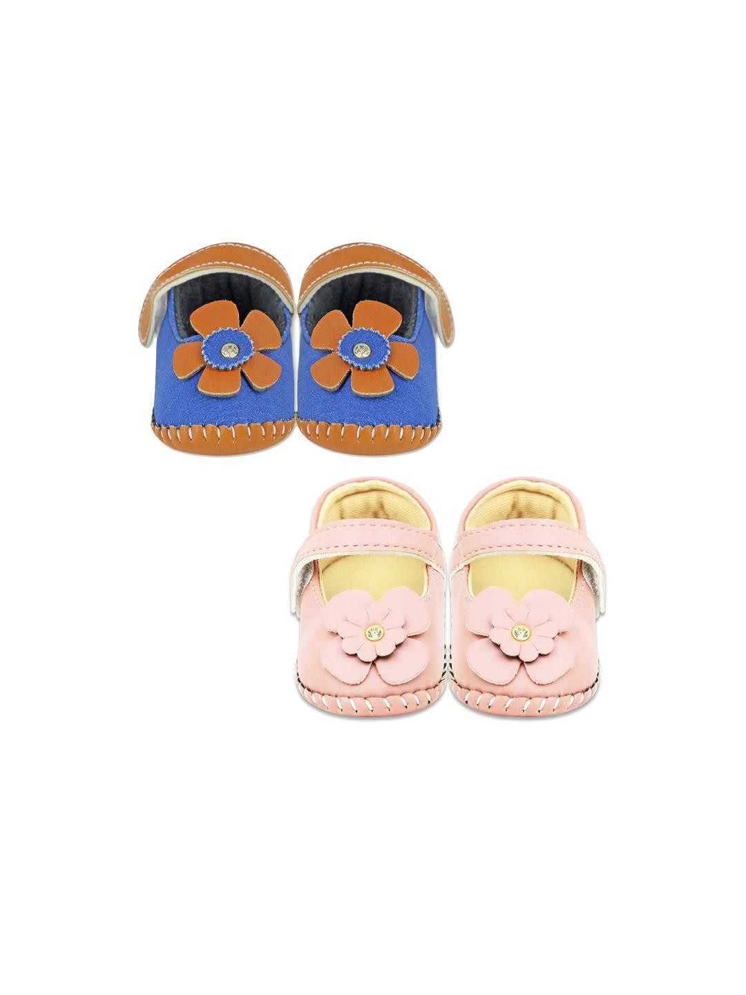 Neska Moda 6 To 12 Month Baby Girls Belly Shoe 2 Pair Set Partywear Floral Velcro Sandal Booties (Toe to Heel Length - 12 cm, Brown, Blue, Baby Pink)