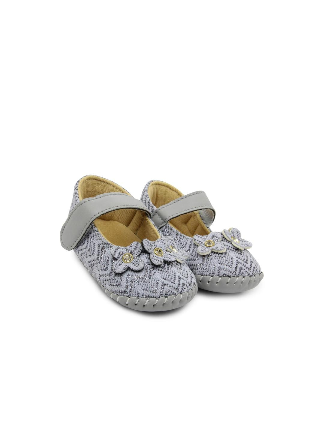 Neska Moda 6 To 12 Months Baby Girls Belly Shoe Fancy Partywear Floral Soft Velcro Sandal Booties (Toe to Heel Length - 12 cm, Grey)