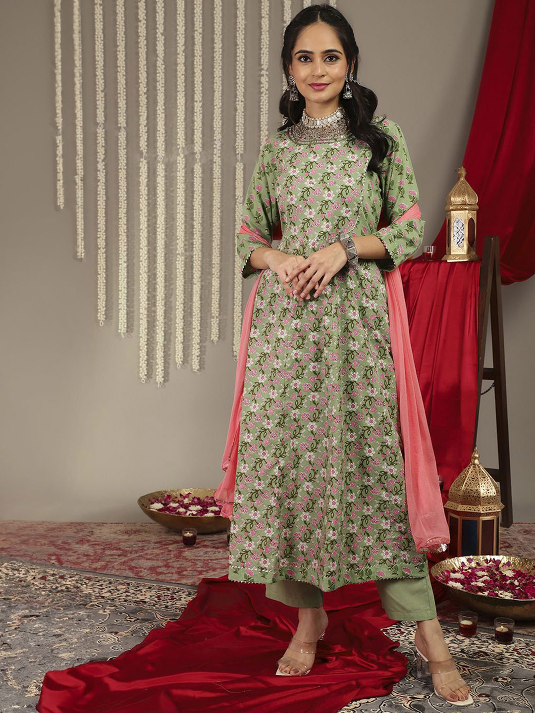all about you Floral Printed Gotta Patti Pure Cotton A-Line Kurta With Trousers & Dupatta