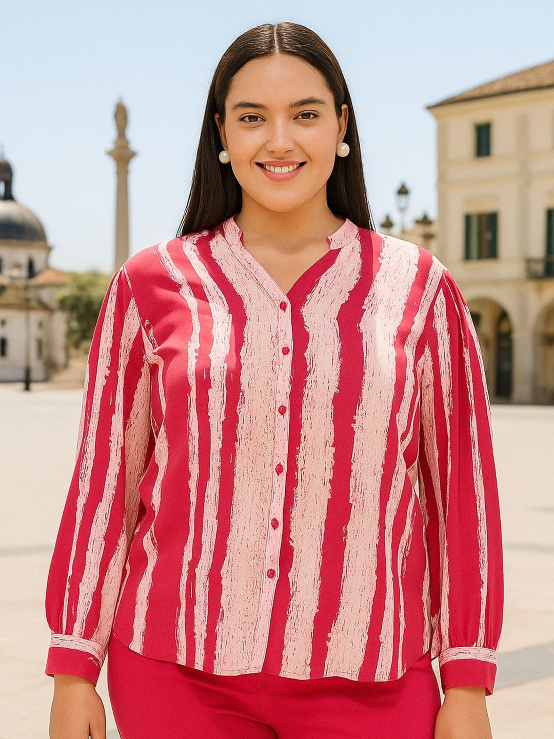 DressBerry Curve Premium Striped Vertical Stripes Spread Collar Georgette Shirt