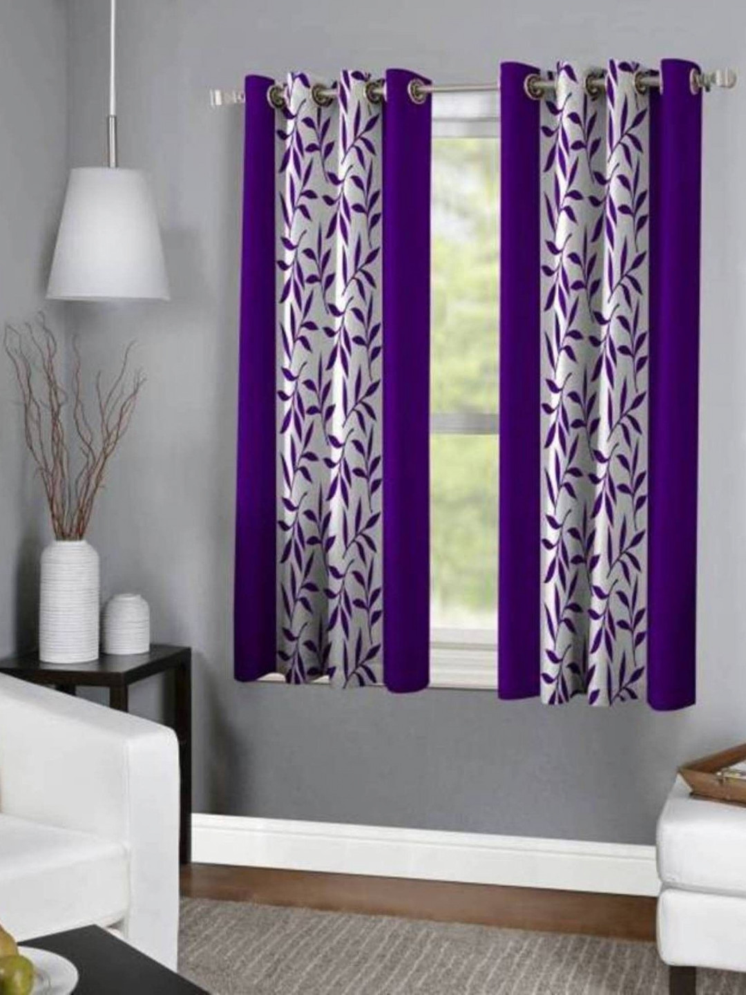 BELLA TRUE Purple & Grey 2 Pieces Floral Printed Black Out Window Curtains
