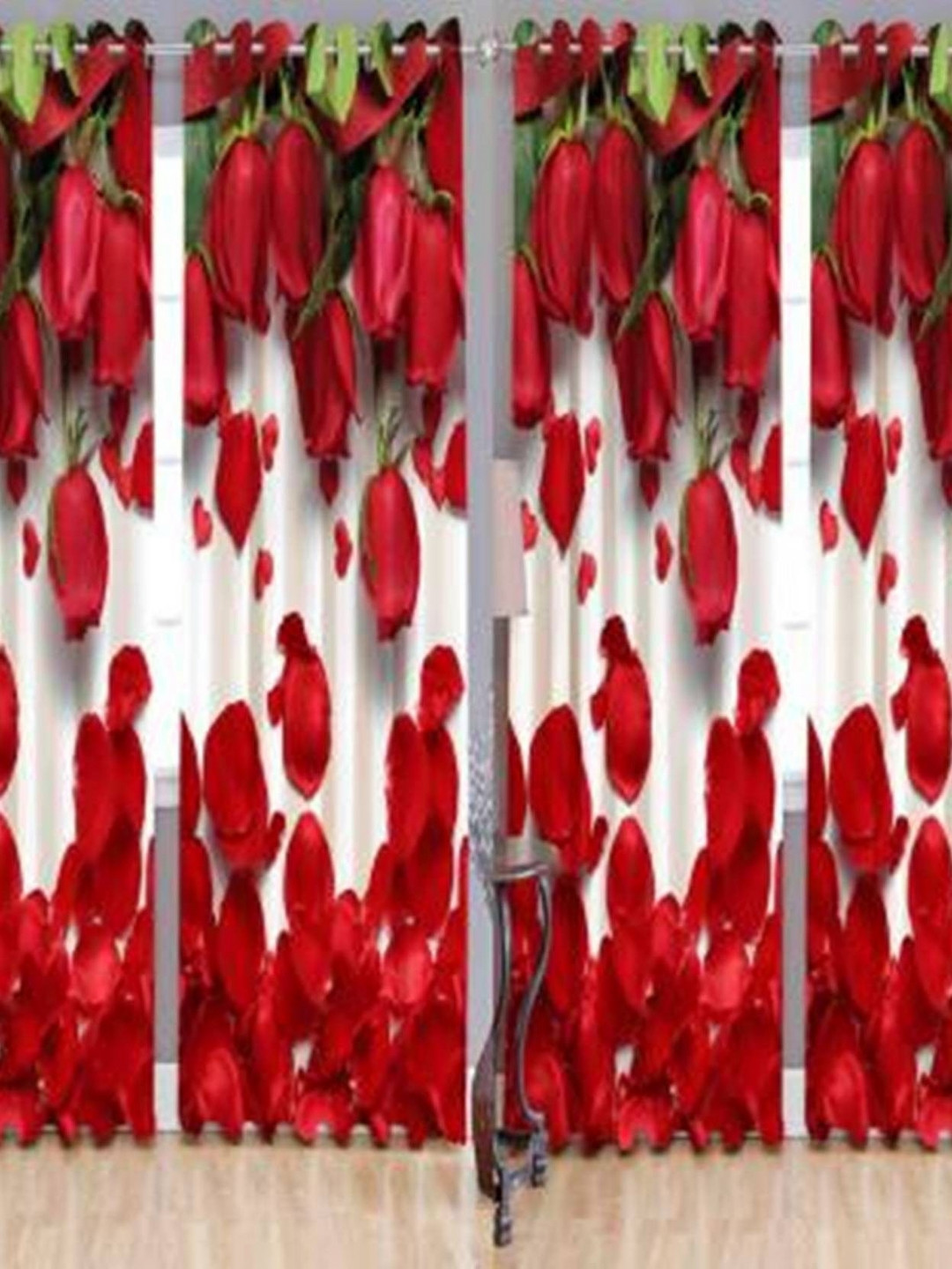 BELLA TRUE Red And White 4 Pieces Floral Printed Black Out Door Curtains