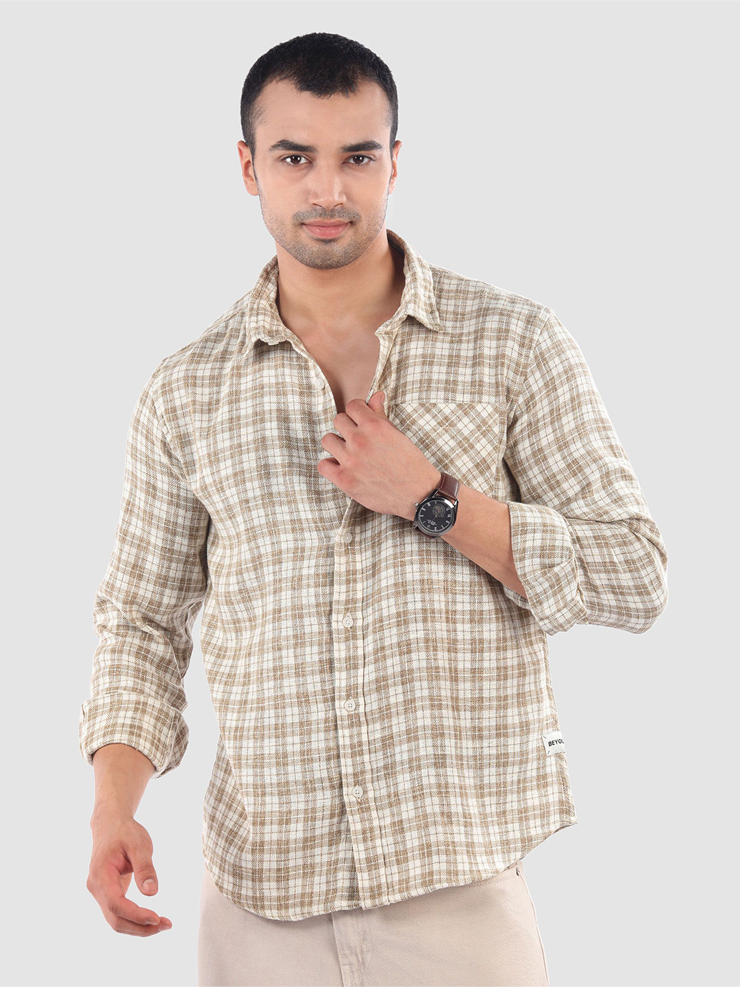 Beyoung Men Classic Beige Plaid Check Cotton Shirt