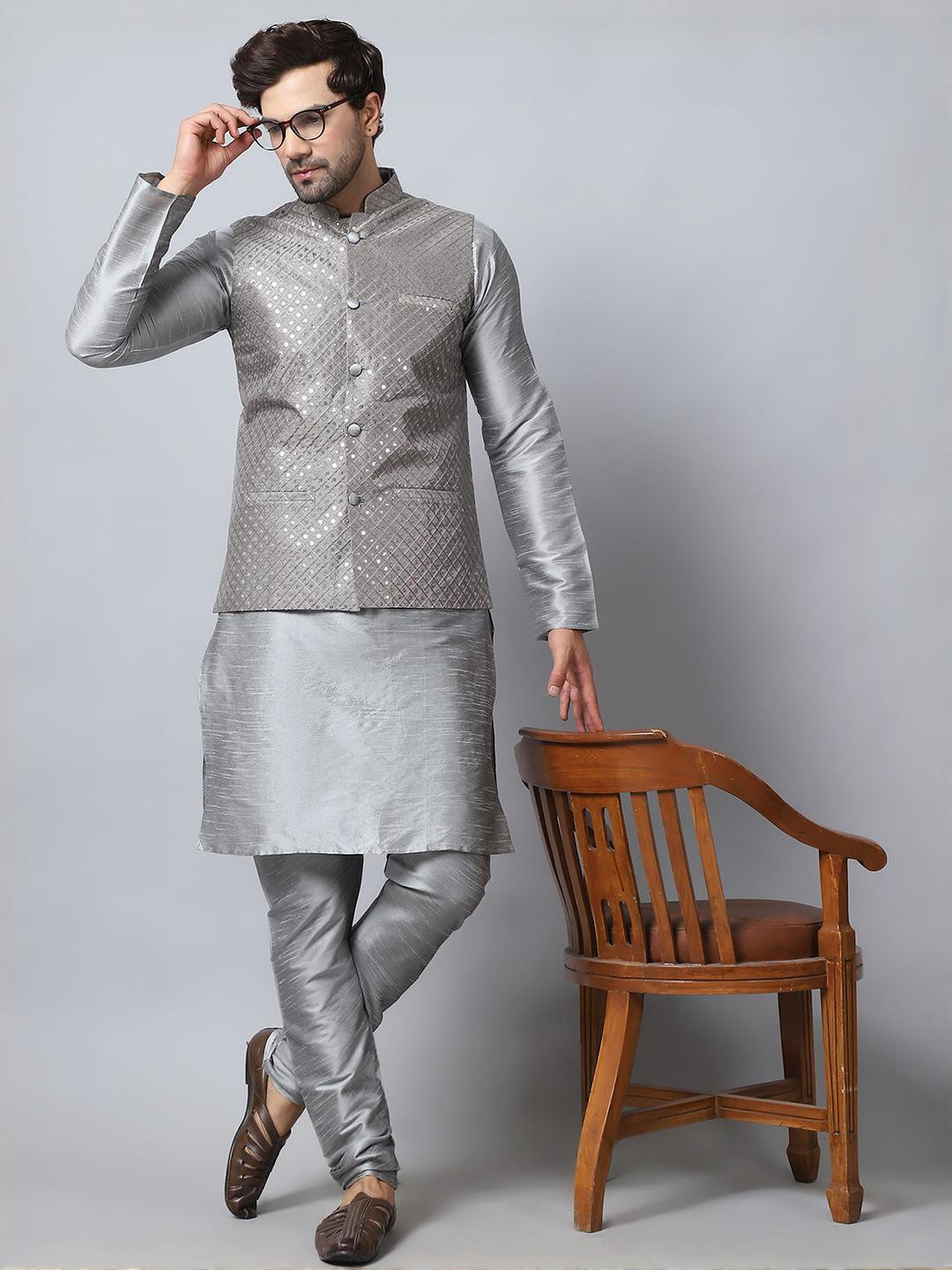 B BEN Men Silver Kurta Sets