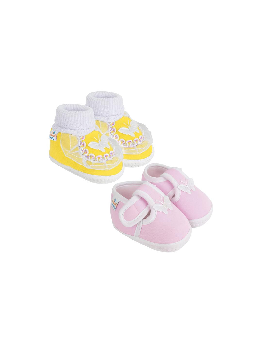 Neska Moda 0 To 6 Months Combo Pack of 2 Pair Newborn Baby Girls Soft Cotton Cute Butterfly Booties (Toe to Heel Length - 10 cm, Baby Pink, Yellow)