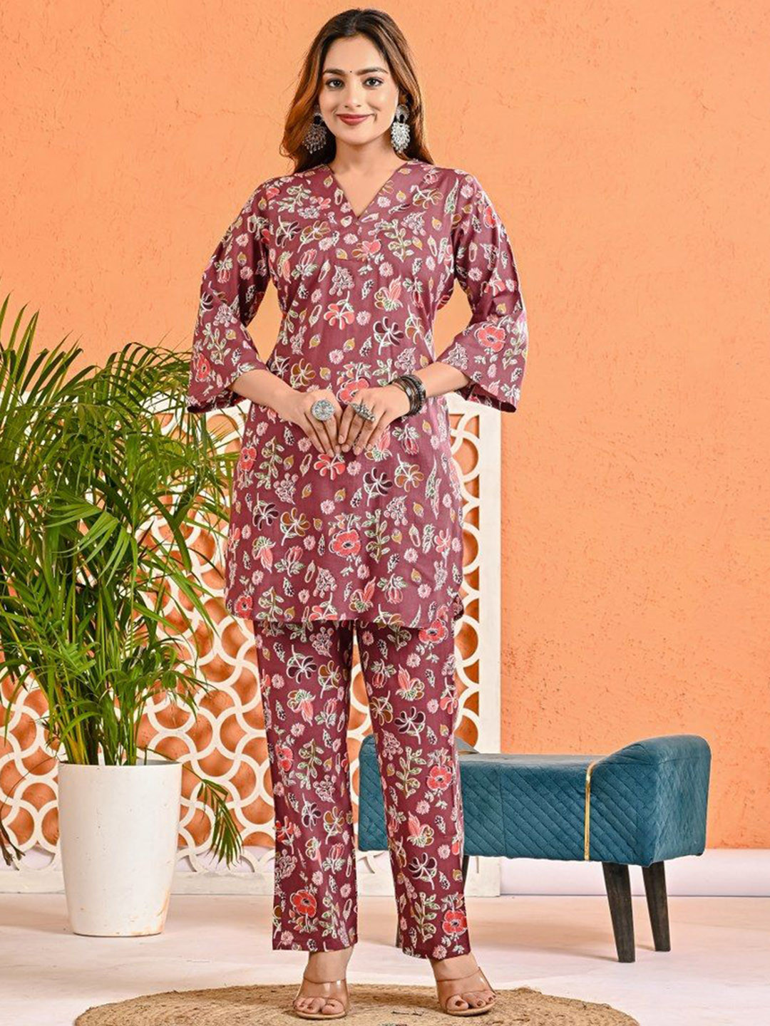 Khatri Creations Printed V-Neck Pure Cotton Tunic With Trousers