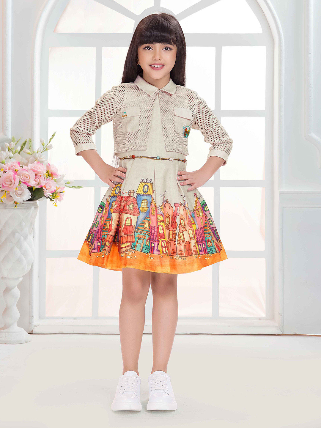 Tiny Baby Girls Graphic Printed Shirt Collar Linen Casual Dress