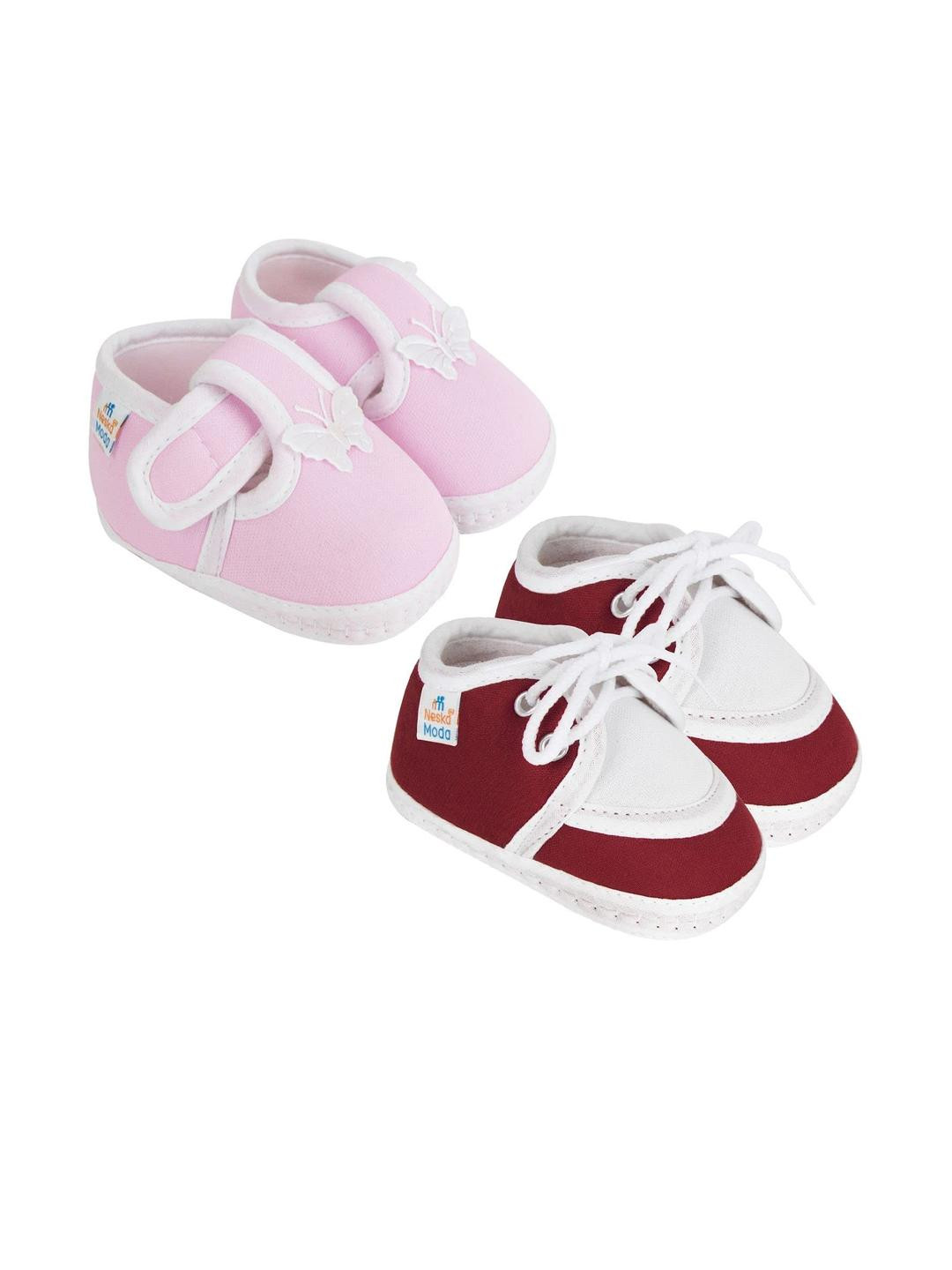 Neska Moda 0 To 6 Months Baby Pack Of 2 Pair Cotton Butterfly Frill Newborn Soft Infant Booties (Toe to Heel Length - 10 cm, Baby Pink, Maroon)