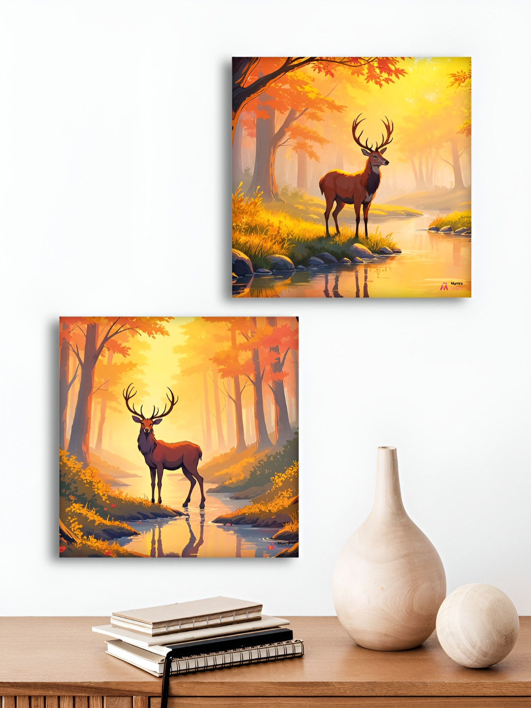 Myntra Elegant Homes Premium Painting Orange & Yellow 2 Pieces Deer Canvas Wall Arts
