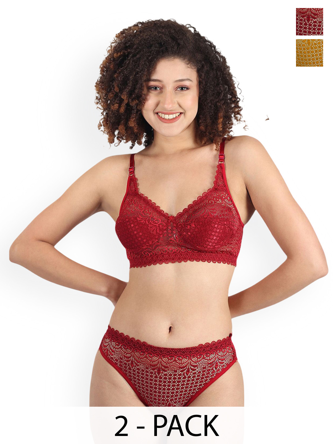 Samvar Pack Of 2 Self Design Non Padded Lingerie Sets B-Rain-Set_M,Y