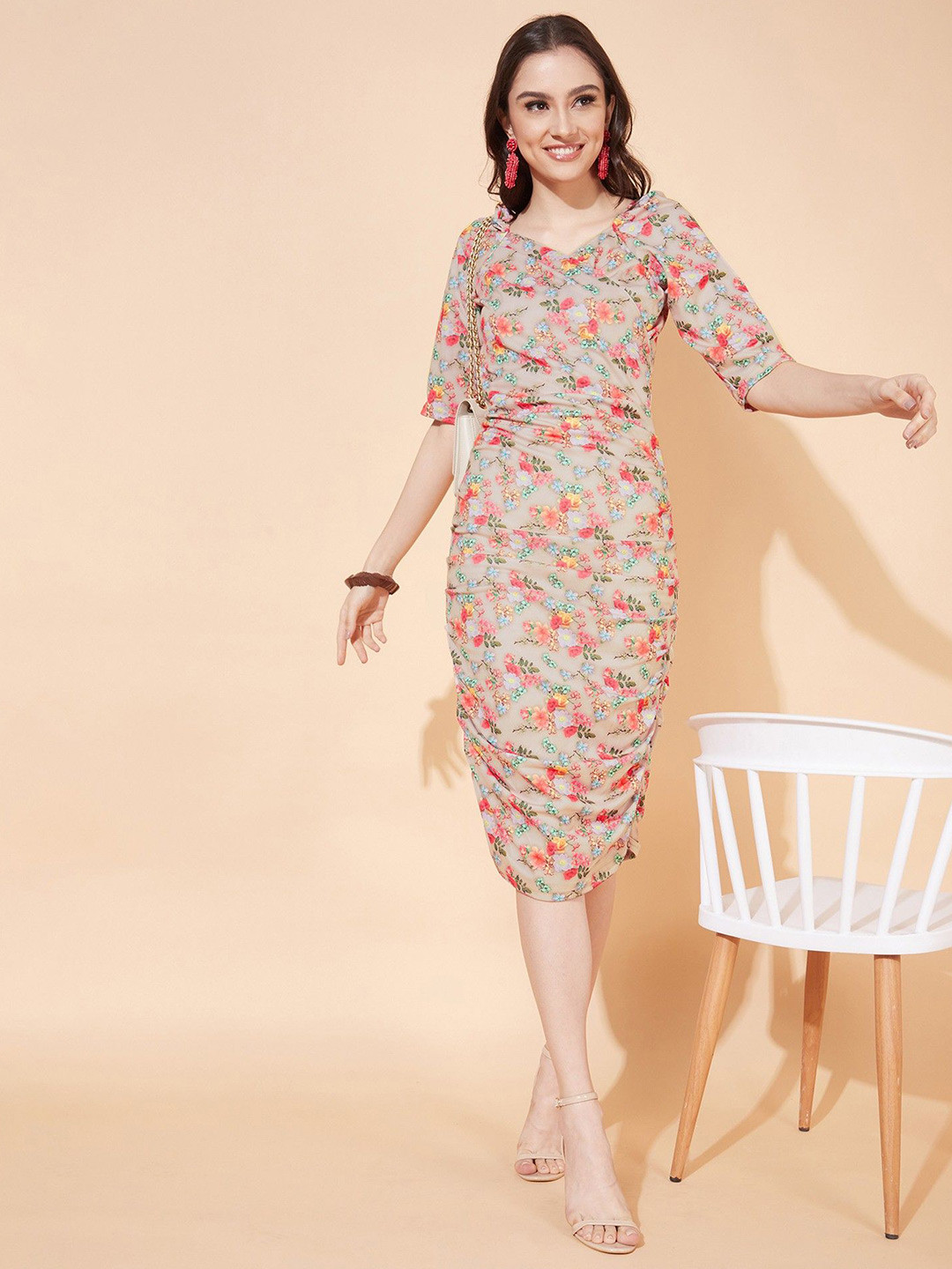 WATAY Women Floral Printed V-Neck Party Dress