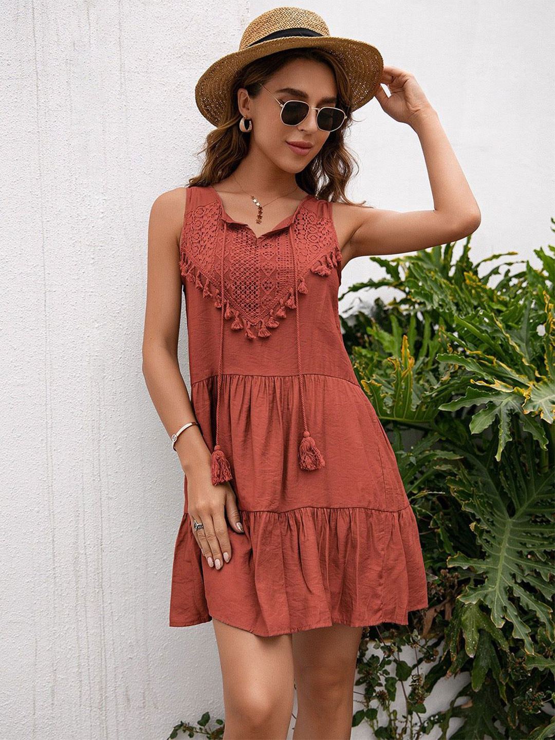 Outzidr Women Rust Embroidered Tiered A-Line Mini Dress