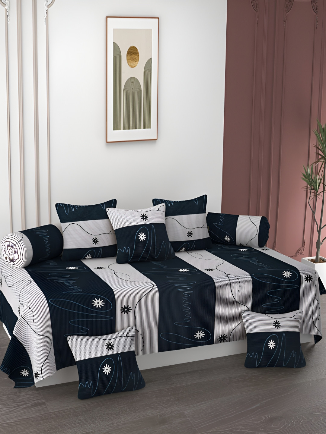 AMRANGE White & Navy Blue 8 Pieces Floral Printed Bedsheet with Bolster and Cushion Covers