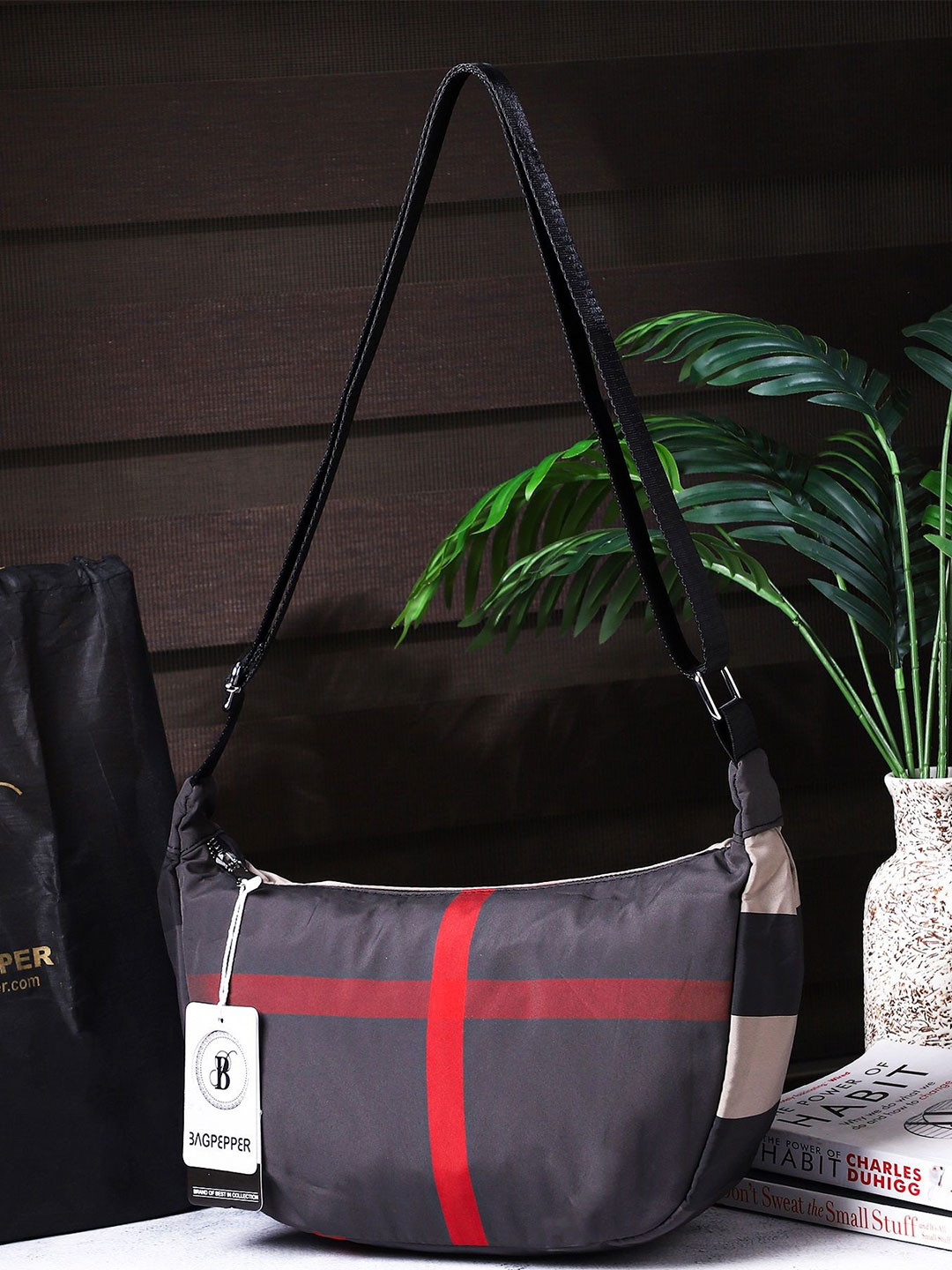 Bag Pepper Checked Structured Canvas Sling Bag with Quilted