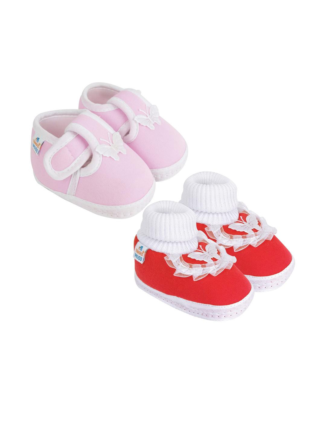 Neska Moda 12 To 18 Month Non Slip Baby Girls Pack of 2 Pair Soft Cotton Butterfly Frill Booties (Toe to Heel Length - 13 cm, Baby Pink, Red)