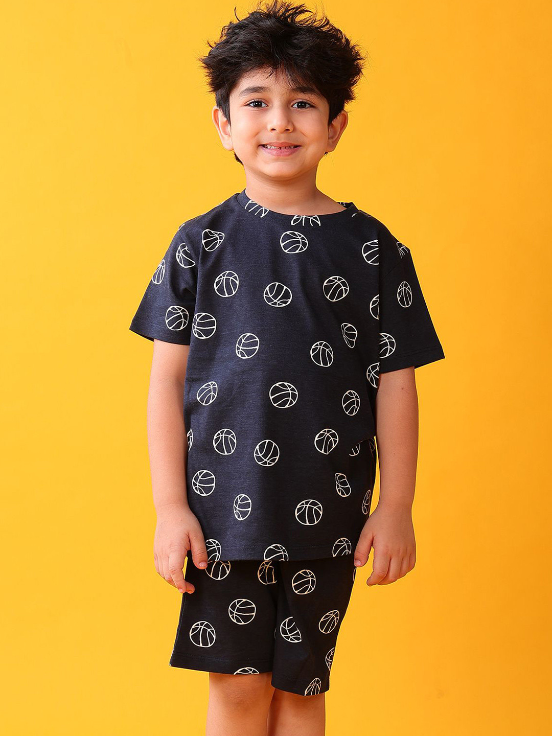 Anthrilo Kids Boys Black Cotton Basketball Sleepwear Shorts Set