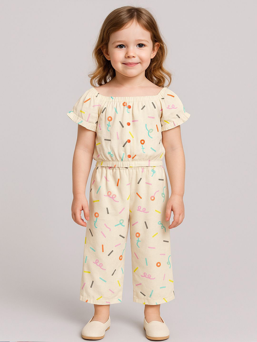A.T.U.N. Girls Printed Square Neck Pure Cotton Top With Trousers