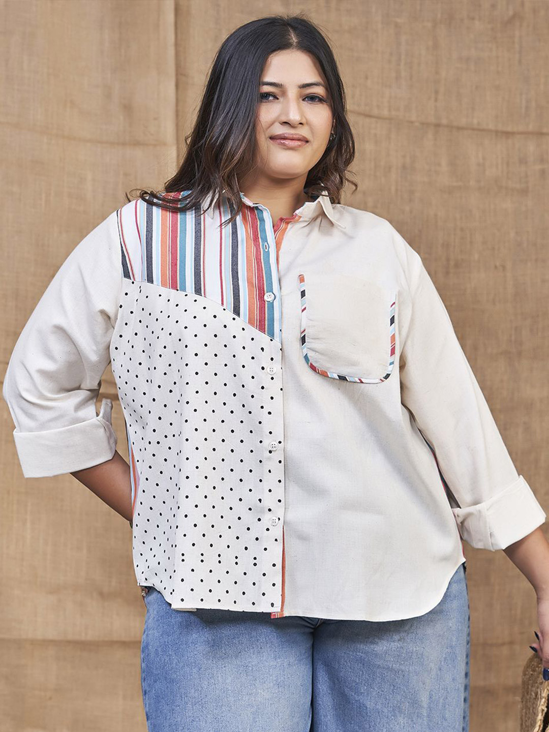 Curvy Lane Premium Relaxed Fit Striped Vertical Stripes Spread Collar Cotton Shirt