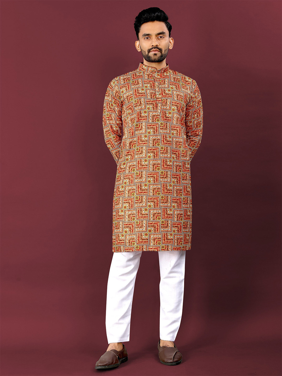 LADY BERRY Geometric Printed Band Collar Sequinned Crochet Work Cotton Straight Kurta