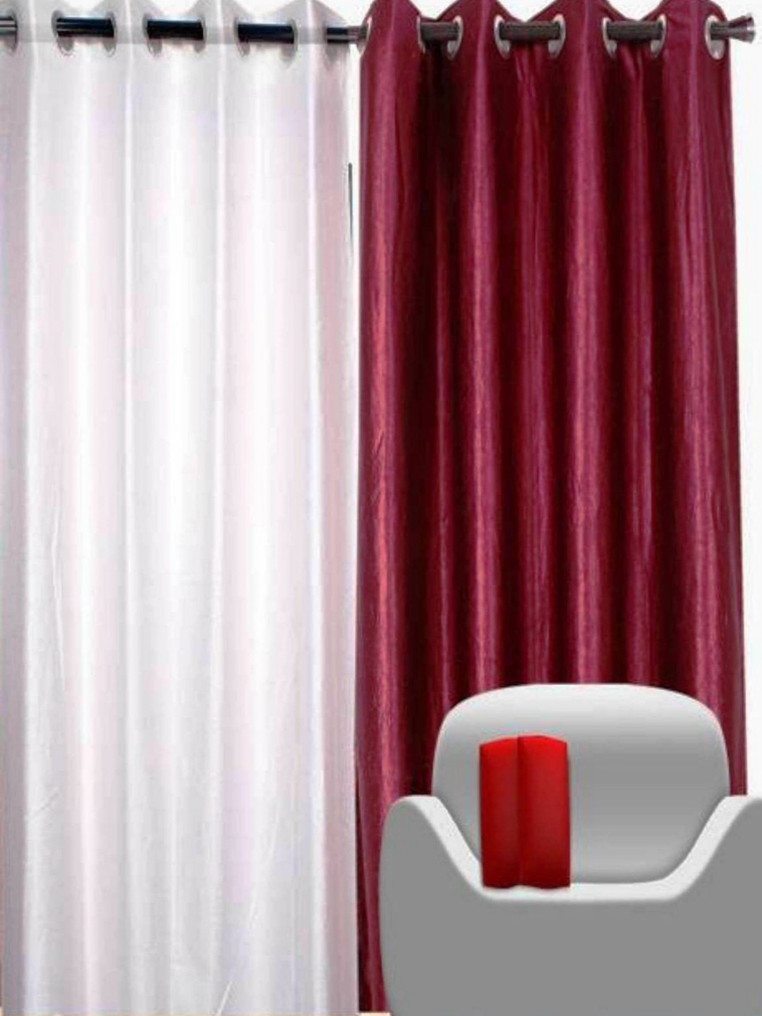 BELLA TRUE White And Maroon 2 Pieces Window Curtains