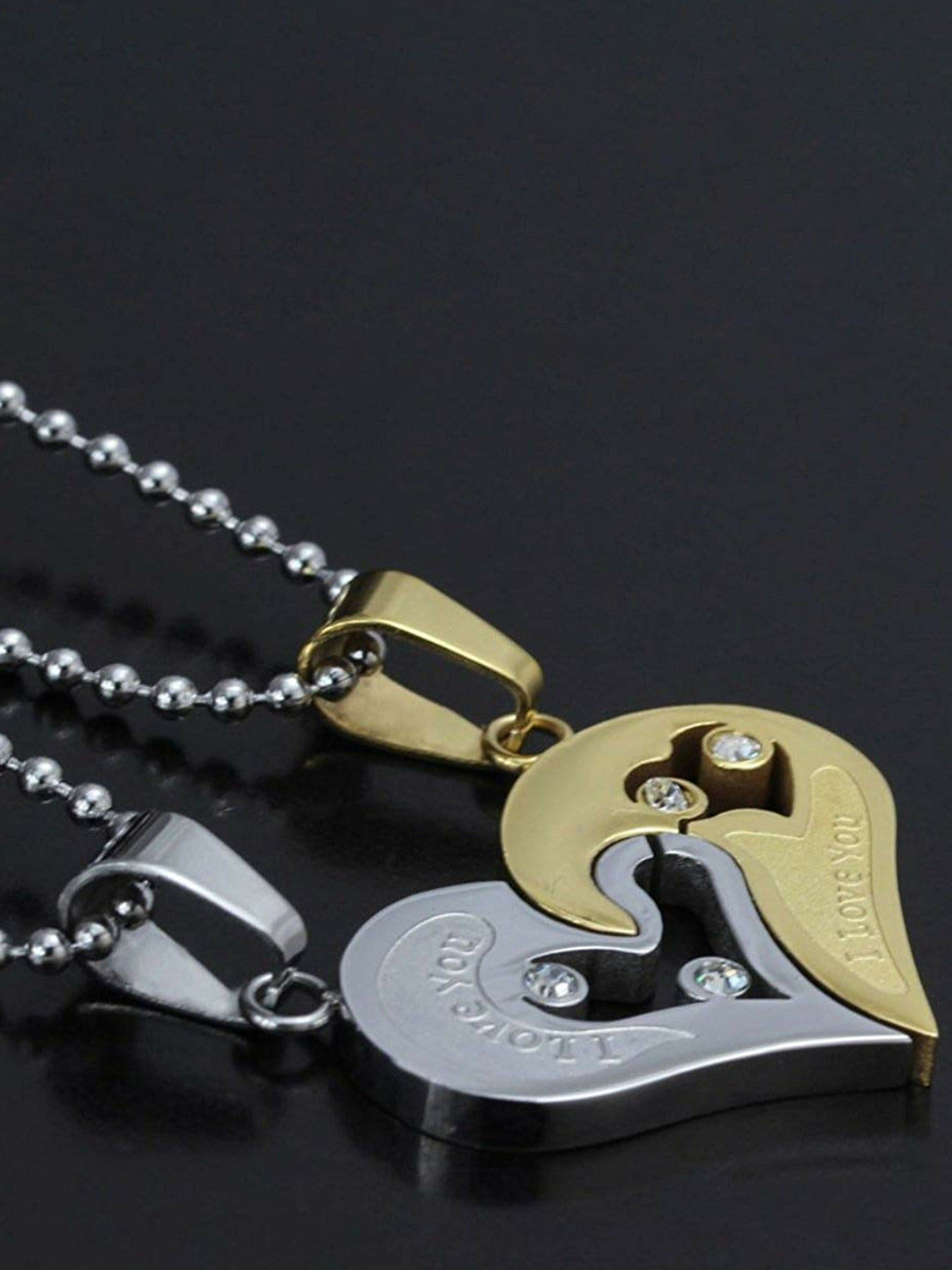Teeragaj Unisex Set Of 2 Stone-Studded Half Heart-Charm Pendants