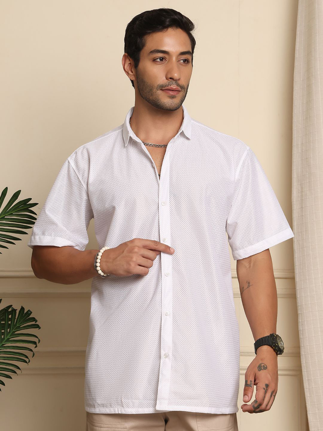 Blezza Textured Spread Collar Short Sleeves Cotton Shirt