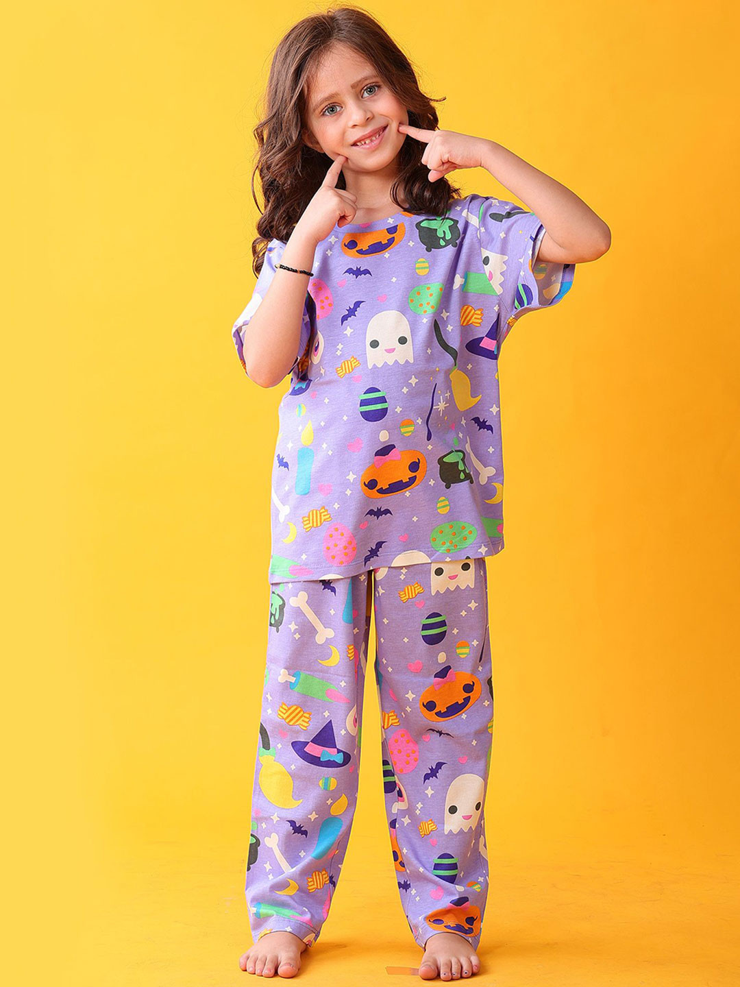 Anthrilo Girls Purple 100% Cotton Halloween Short Sleeve Pajama Night Suits