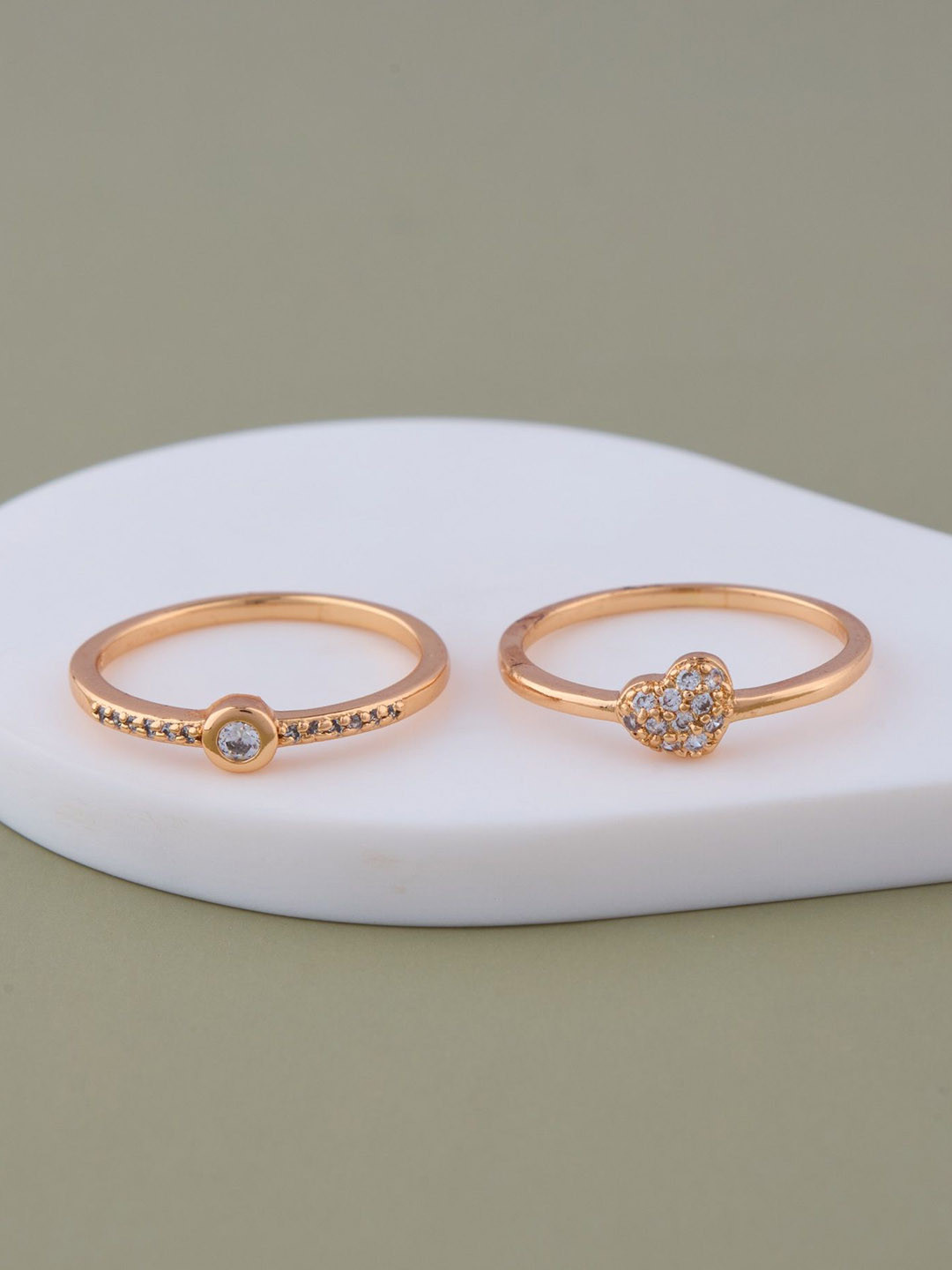 GC PREMIUM JEWELLERY Set Of 2 Rose Gold-Plated Heart & Solitaire Accents Finger Ring