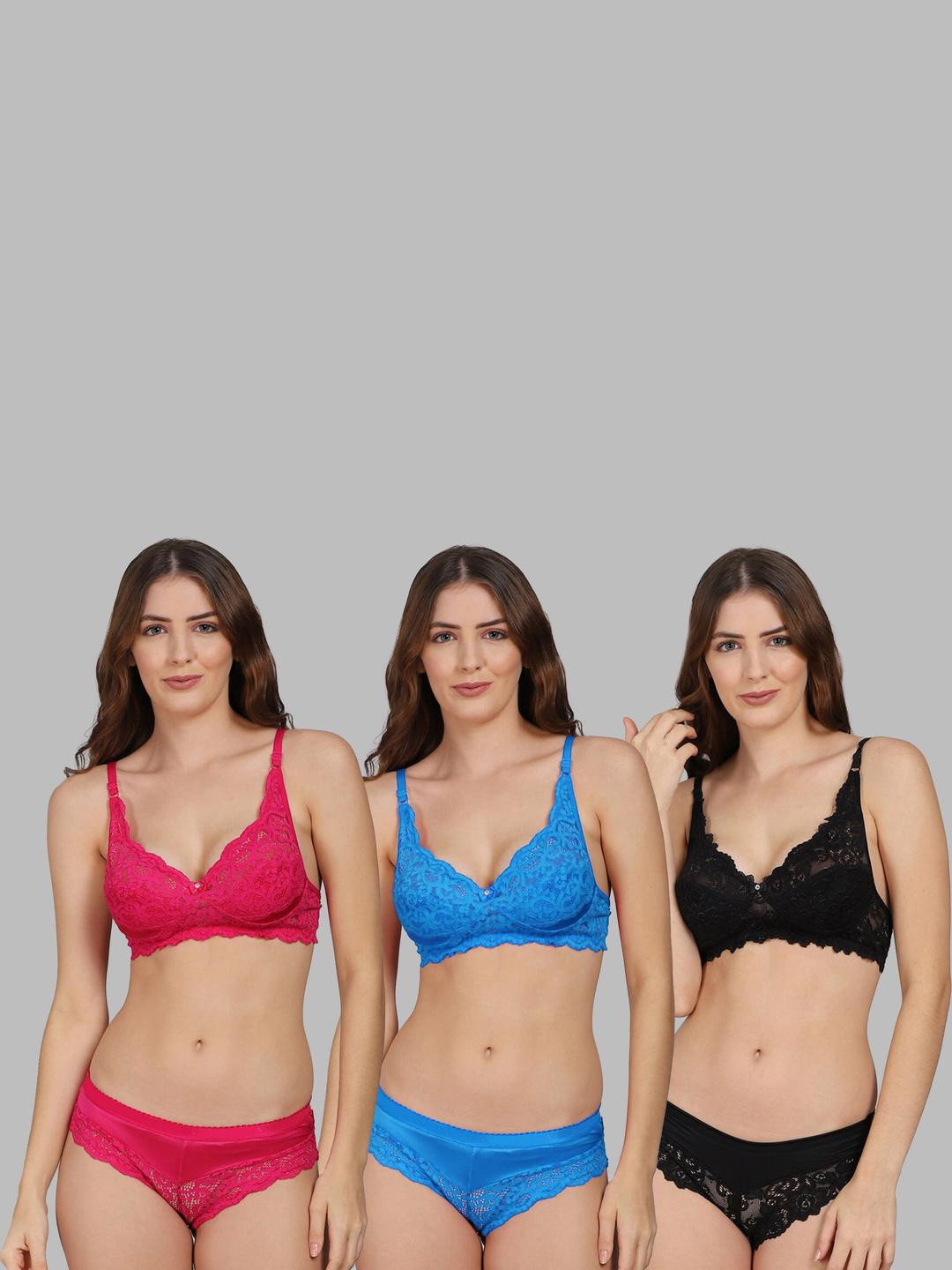 Women Red,Blue,Black Net Bra Panty Set for Lingerie Set Undergarments Pack of 3