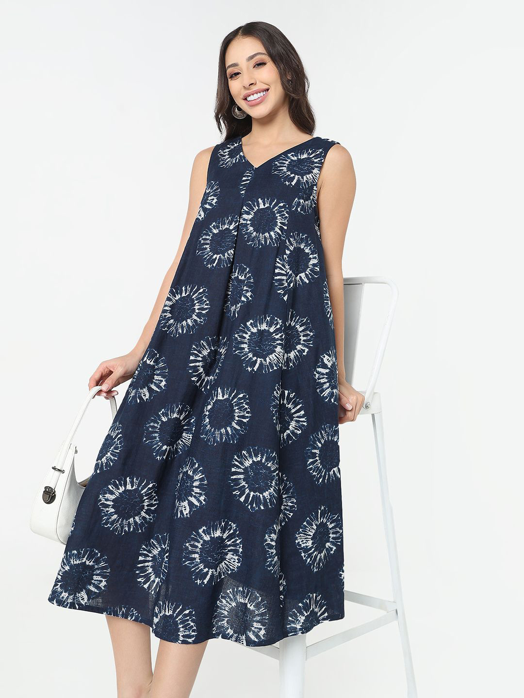 R&B Women Geometric Printed V-Neck A-Line Midi Dress