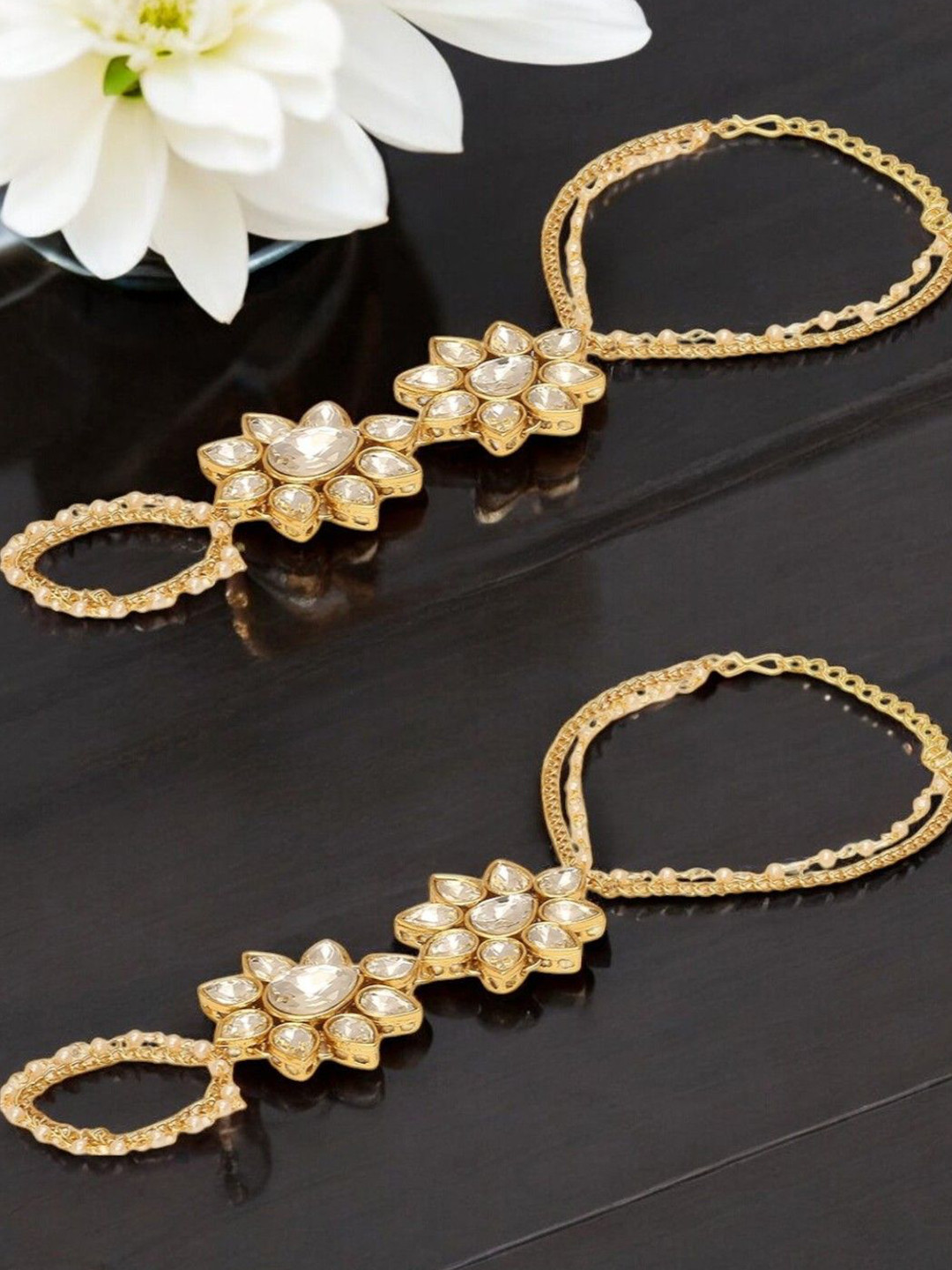 fabula Set Of 2 Kundan Studded Hathphool Hathpanja Ring Bracelets