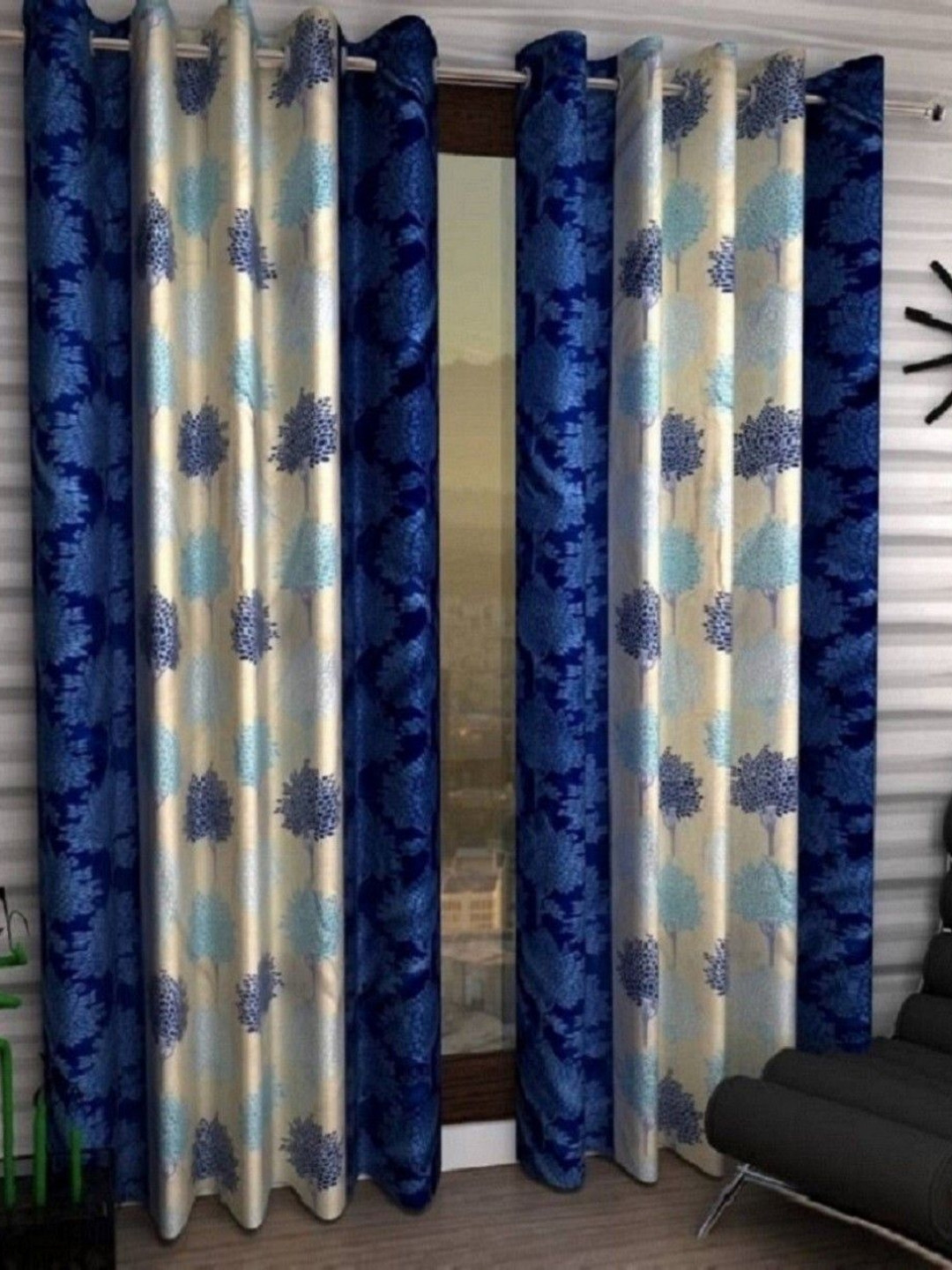 BELLA TRUE Blue & Grey 2 Pieces Floral Printed Eyelet Fitted Door Curtains