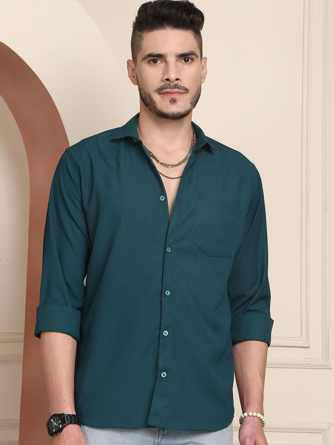 Blezza Spread Collar Roll-Up Sleeves Cotton Shirt