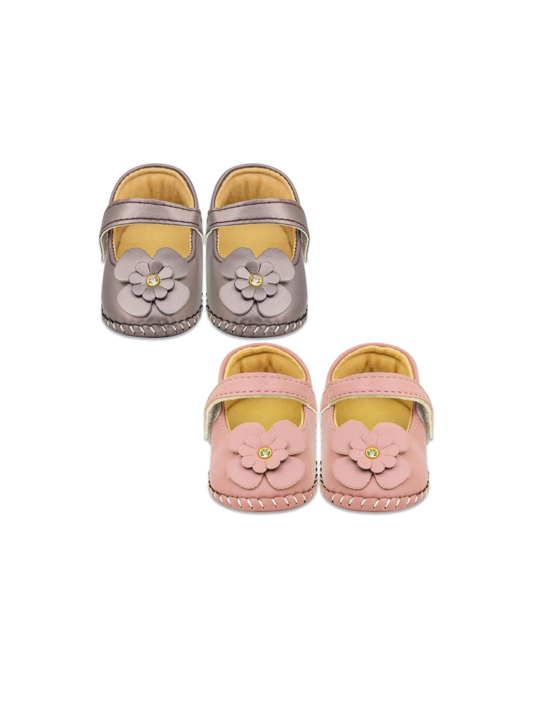 Neska Moda 6 To 12 Months Baby Girls Belly Shoe 2 Pair Set Partywear Floral Velcro Sandal Booties (Toe to Heel Length - 12 cm, Dark Brown, Peach)