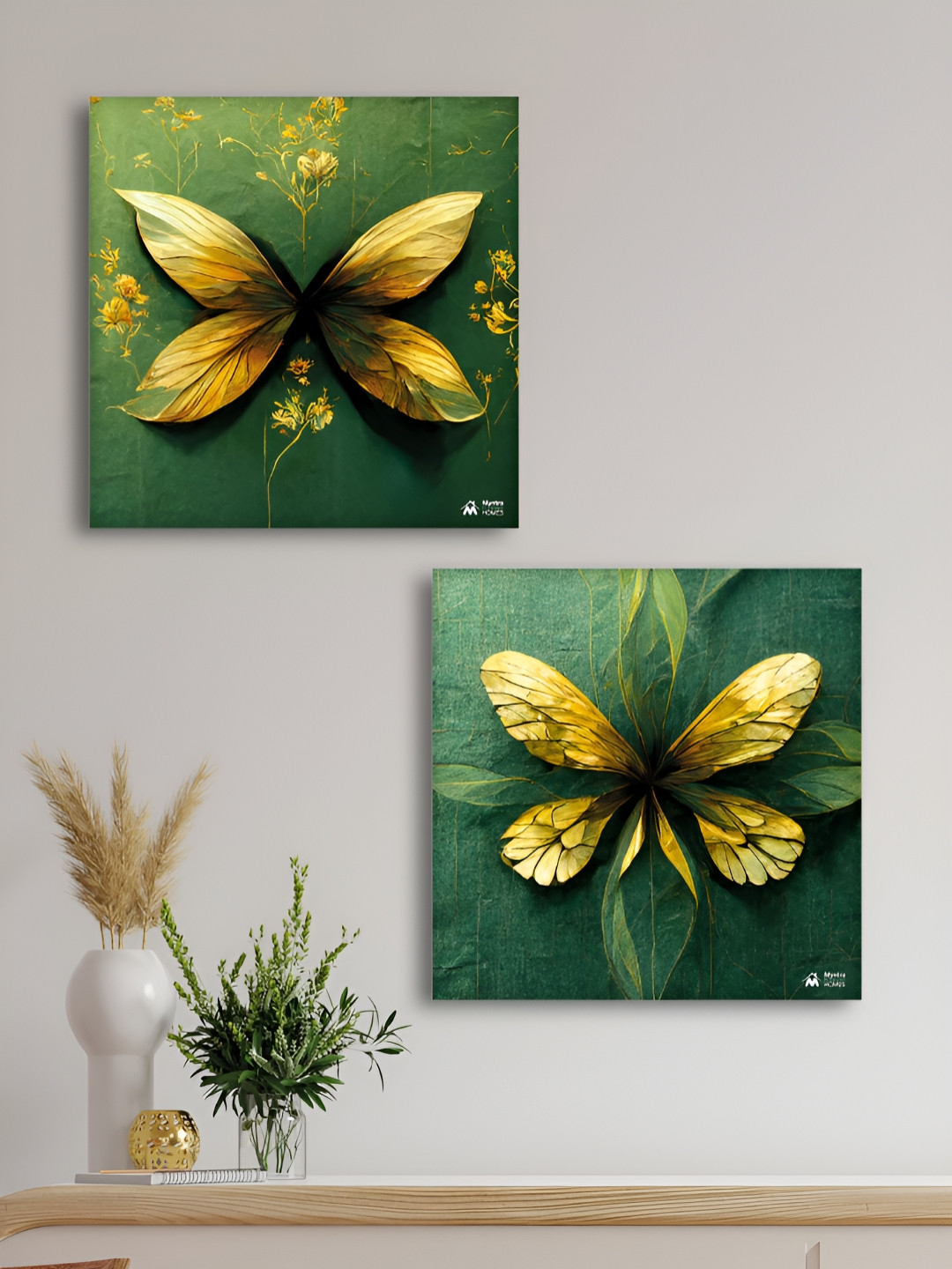 Myntra Elegant Homes Premium Painting Green & Yellow 2 Pieces Floral Canvas Wall Arts