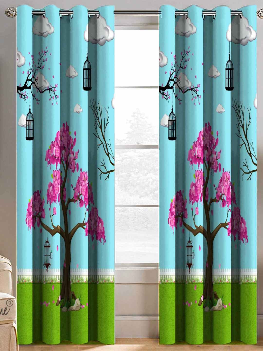 BELLA TRUE Blue & Pink 2 Pieces Floral Printed Black Out Door Curtains