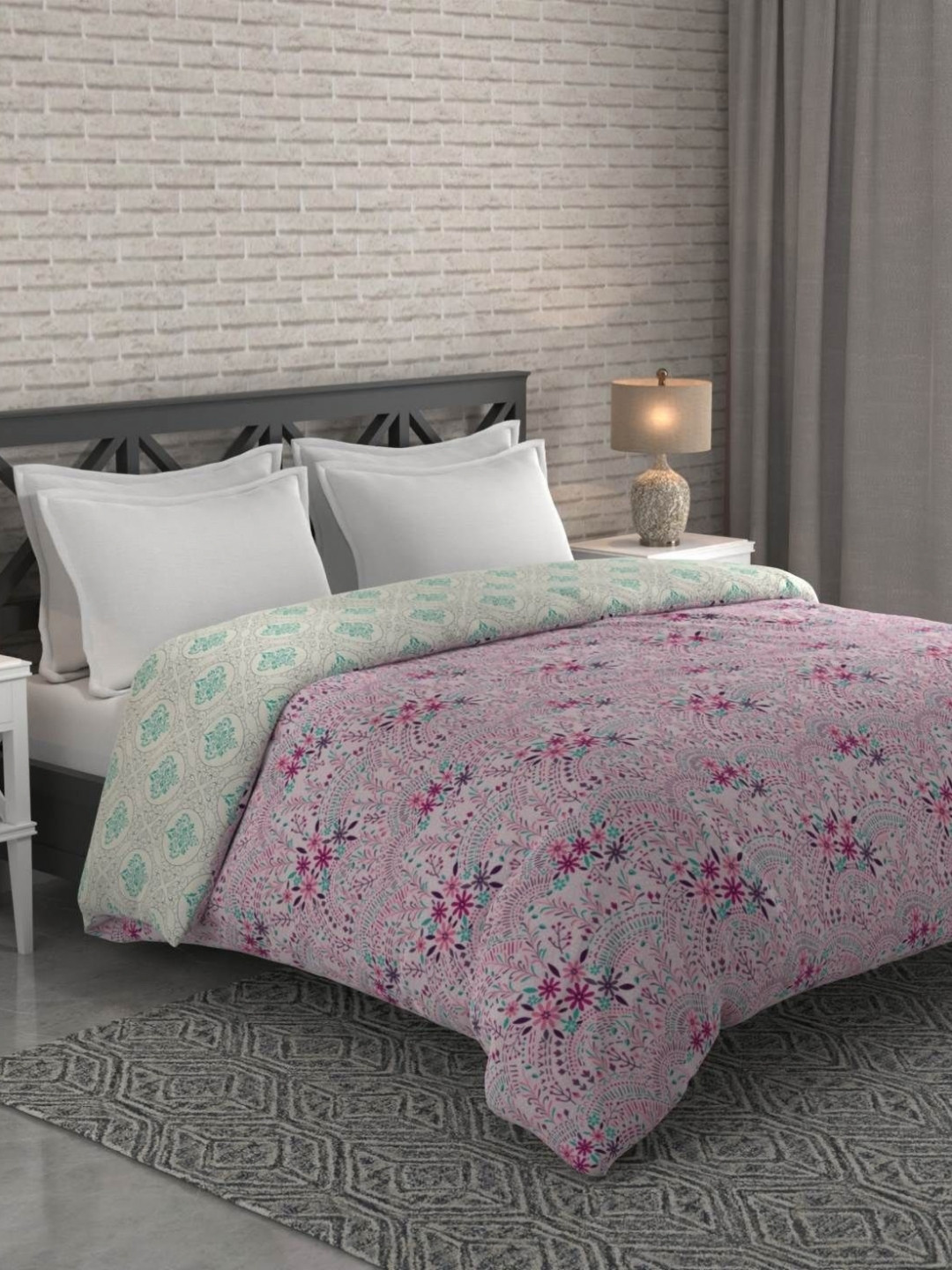 Bichauna Malhar Teal & Purple Floral Printed Cotton AC Room 120 GSM Double Bed Comforter