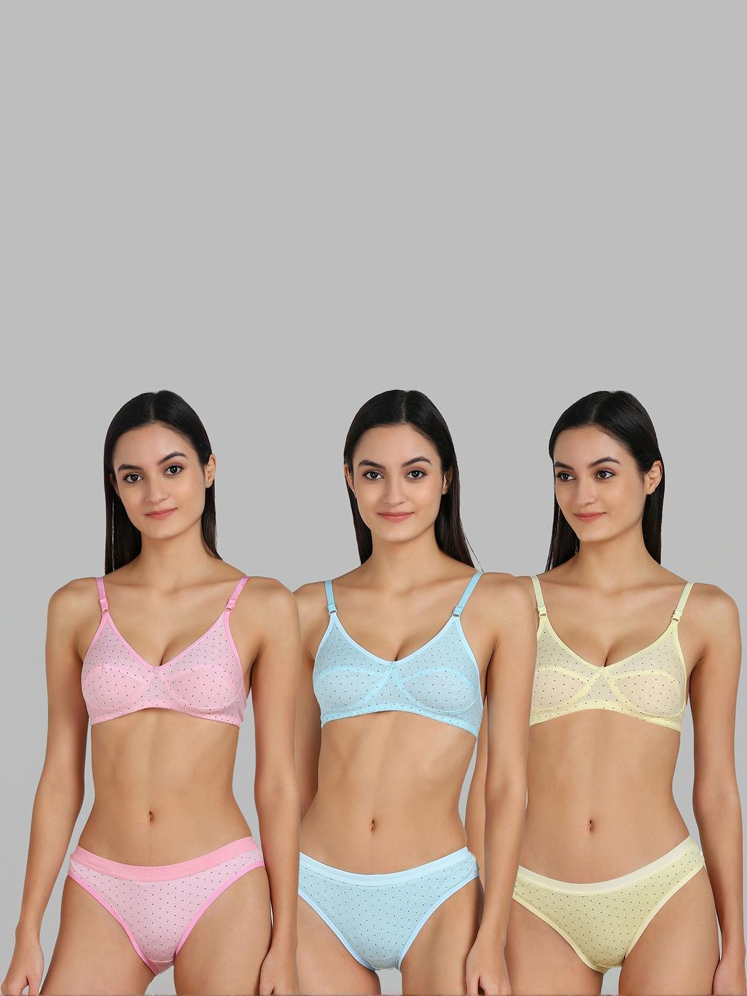Women Pink,Blue,Yellow Cotton Bra Panty Set for Lingerie Set Undergarments Pack of 3